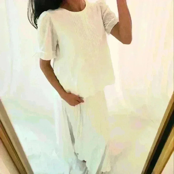 MADEWELL White Romantic Blouse Cream pleat picnic Short Sleeve quarter sleeve - Picture 1 of 11